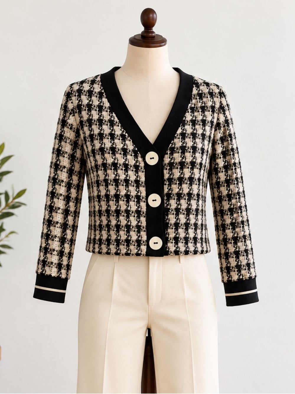 Dex Black Cream Tweed Cropped Cardigan M Old Money Preppy Corporate Chic